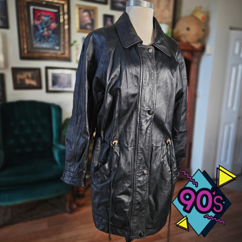 Junction West Leather Jacket Coat Vintage 90s Black‎ Drawstring Waist Mens Small